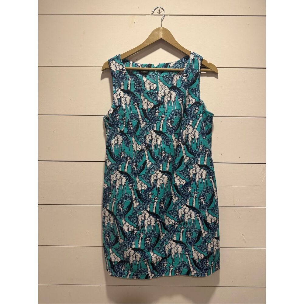 Talbots Safari Leaf Giraffe Print Sleeveless Shift Dress Turquoise Size 12 Petit